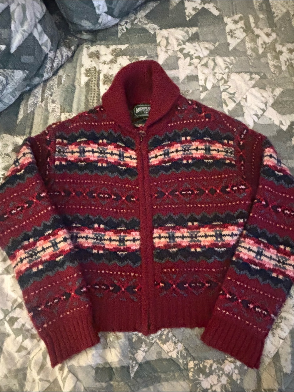 American Eagle Outfitters Red Fair Isle Zip Cardigan